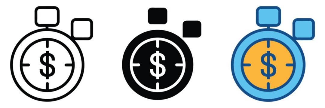 Financial Balance Scale Vector Icon, conceptual icons of a stopwatch combined with a dollar symbol, representing financial efficiency, fast loans, and time-based investment management