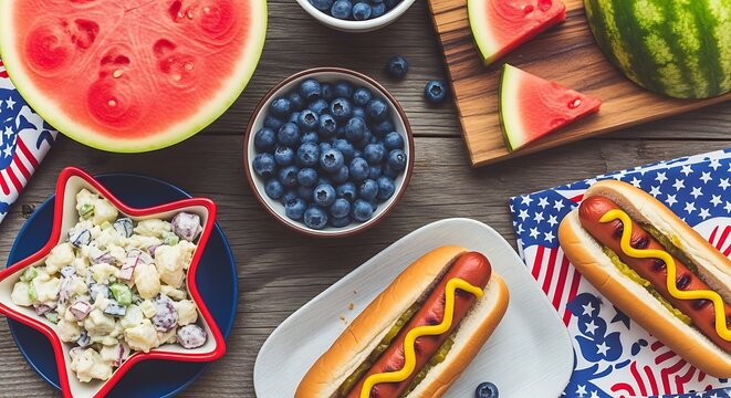 Festive fourth of july picnic spread with watermelon berries and hot dogs