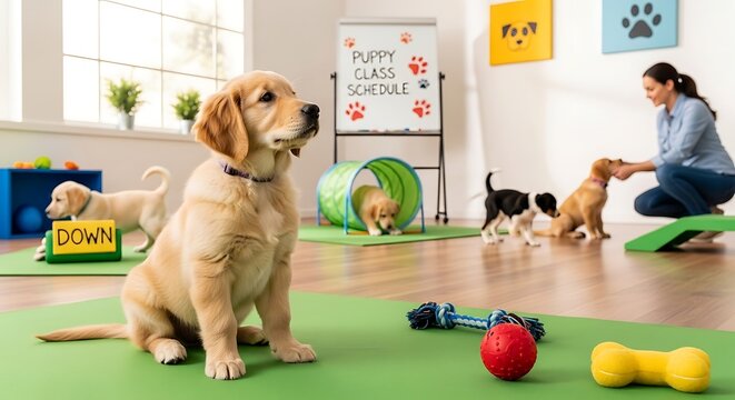 Golden retriever puppy in training class with trainer and other puppies