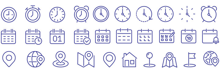 Time, date and location editable stroke outline icons set. Address line icons and navigation outline icons set. isolated on white background. © Top
