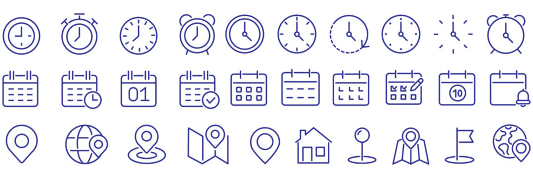 Time, date and location editable stroke outline icons set. Address line icons and navigation outline icons set. isolated on white background.