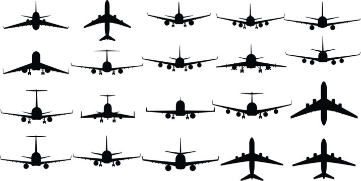 Airplane front view silhouettes vector set, commercial passenger aircraft collection, aviation transport design elements isolated on clean background