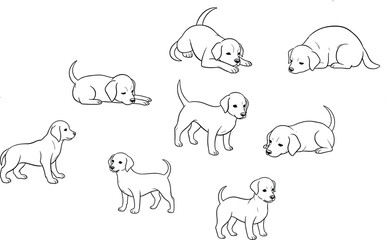 Obraz premium Cute puppy line art set with different poses representing pet animals, playful behavior, and cartoon dog illustration isolated on white background