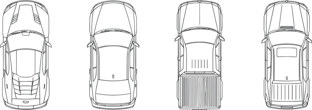 Top view car and pickup truck outline set, vehicle roof line art collection, automotive transport icons isolated on clean background