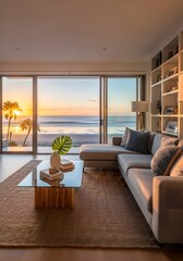 Fototapeta premium Modern living room interior with a luxury fireplace and comfortable furniture featuring a stylish sofa, armchair, and designer lamp in a bright apartment house