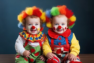Fototapeta premium Adorable Twin Babies in Clown Costumes Sitting Indoors