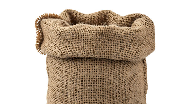 The rolled burlap sack sits on a white background with its frayed edges visible.