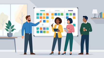 Obraz premium Team of Diverse Business Professionals Collaborating on a Project Management Task Using an Agile Scrum Board in a Modern Office Environment