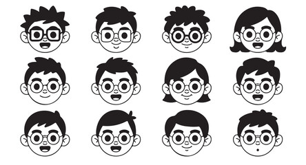 Fototapeta premium Set of twelve black and white line art avatars featuring diverse group of happy children wearing glasses.