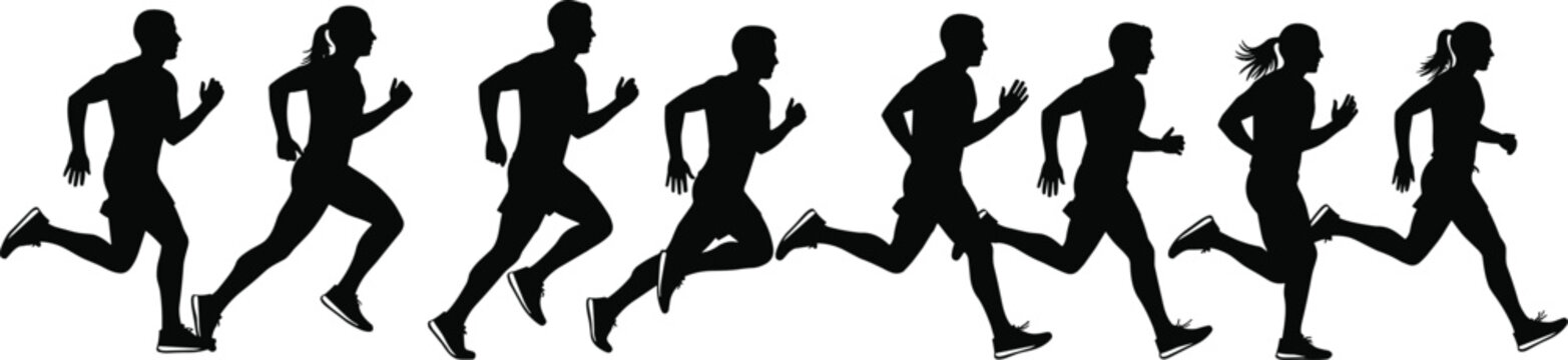 Dynamic silhouettes of people running in stride cycle sequence, showcasing athletic motion, fitness activity, sports training and movement study