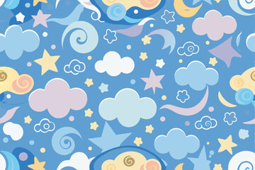 Cute Sky Pattern with Stars and Clouds