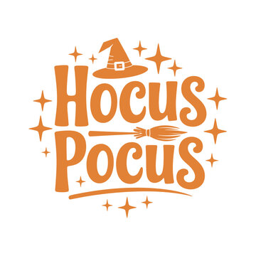 Hocus pocus lettering with a witch s hat and broom illustration