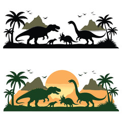 Silhouetted dinosaurs roam a prehistoric landscape under a vibrant sunset © MSTMORSHEDA