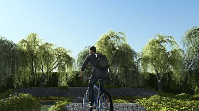 Cyclist Riding Bicycle Through Natural Outdoor Path with Green Scenery