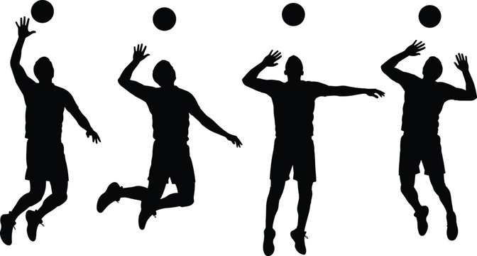 Volleyball player silhouettes showing jump and spike motion sequence with ball, dynamic sports action isolated on white background for training and design