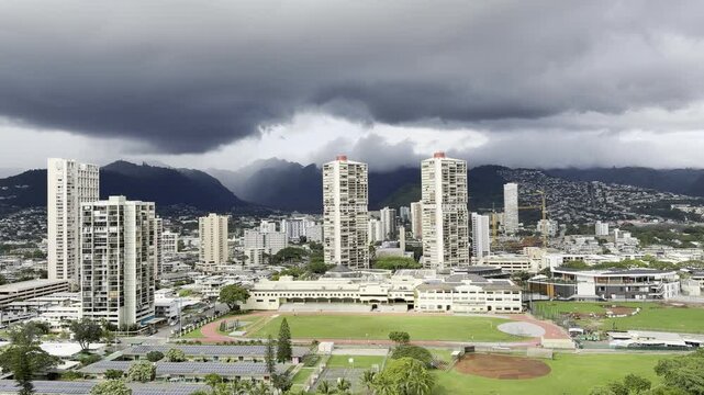 March 2026 Kona storm. Ala Wai Canal Floods after heavy rain. Waikiki, City of Honolulu, Ohau, Hawaii winter. Koʻolau Range (shield volcano). 