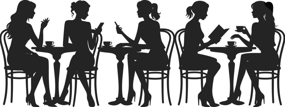 Silhouette people sitting cafe coffee reading smartphone leisure talk, flat vector