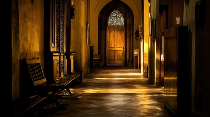 Fototapeta premium ajar. A tall ornate wooden door ajar at the end of a long corridor, light spilling from within. real-estate listings.