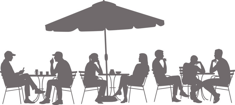 Outdoor cafe people silhouettes social conversation dining umbrella seating vector illustration scene