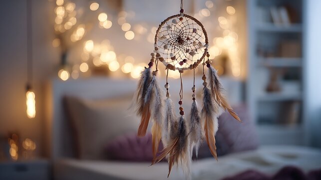 Handmade dreamcatcher with feathers, beads, and soft bokeh lights, bohemian decor