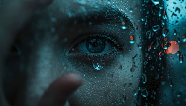 Cinematic macro of a crying human eye with a single tear, looking through a rainy window glass, concept of sadness, loneliness, and mental health.