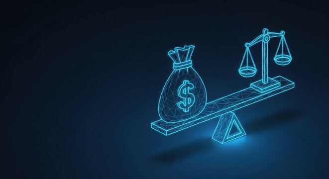 A digital scale balances a money bag with a dollar sign against an unseen counterweight