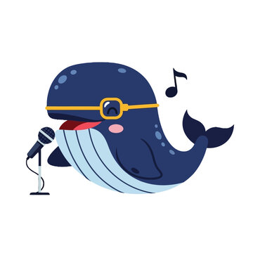 Adorable blue whale character wearing glasses, singing into a microphone with musical notes floating around, perfect for children's content and educational materials