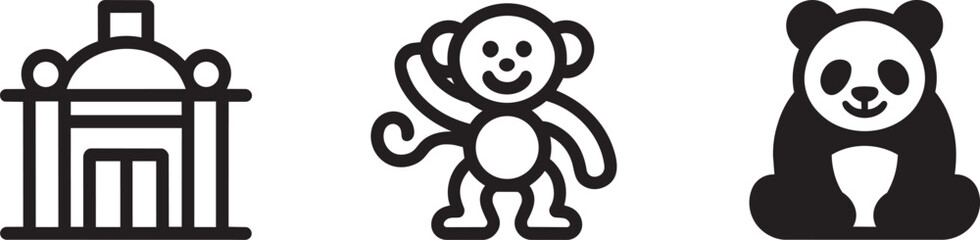Fototapeta premium Zoo and exotic animals vector icons, set of a cage, monkey, and panda symbols.