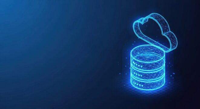 Abstract digital database server with glowing blue wireframe connection against dark blue background