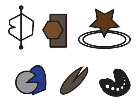 Collection of abstract geometric shapes and icons in various colors