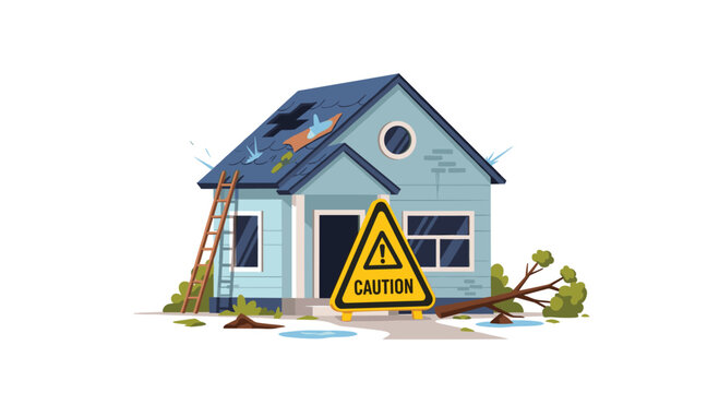A damaged light blue house with a dark blue roof and broken windows stands with a ladder, caution sign, and fallen tree branches.