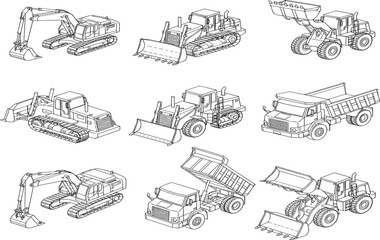 Obraz premium Set of Heavy Construction Machinery Line Art Illustrations Including Excavators Bulldozers Dump Trucks and Wheel Loaders in Isometric View for Technical Drawings Engineering and Coloring Books