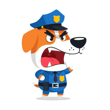A charmingly angry cartoon dog character, dressed as a police officer, barking loudly with an open mouth and furrowed brows, creating a humorous illustration of stern authority