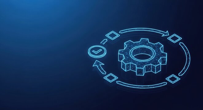 Abstract glowing process schematic with gear, checkmark, and flowchart elements on dark blue background.