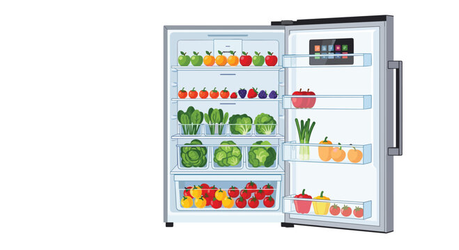 An open single-door refrigerator is fully stocked with fresh produce and features a tablet on its door against a white background.