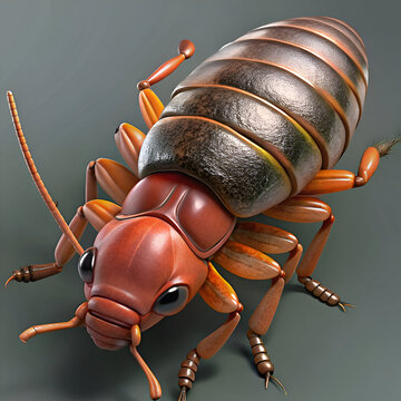 3D render of a bed bug. detailed in its segmented exoskeleton and limbs. in a neutral gray studio setting. Detailed insect anatomy for educational purposes.