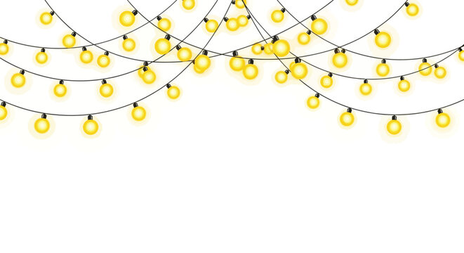 Festive yellow string lights hang against a clean white background