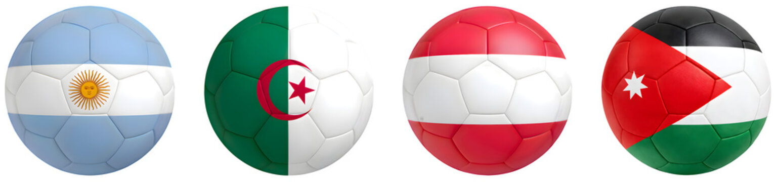 World Cup 2026 GROUP J flags on soccer balls, Argentina, Algeria, Austria and Jordan, isolated on transparent cutout background, cut out, png, 3d illustration.