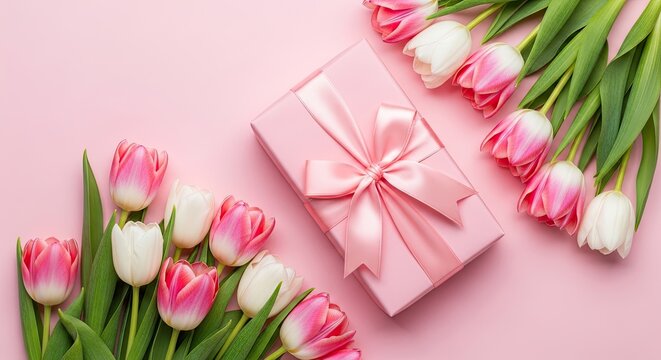 Title pink tulips and gift box a celebration of spring and giving description a flat lay featuring vibrant pink and white tulips