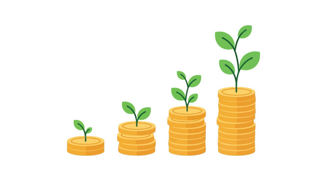 Growing investment plants sprouting from stacks of golden coins