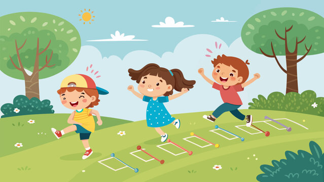 Children jumping over obstacles on a sunny day outdoors in a park with trees and green grass