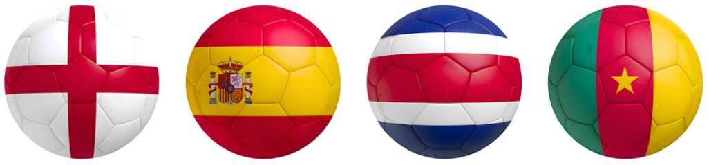 Obraz premium Set of four soccer balls featuring the national flags of England, Spain, Costa Rica, and Cameroon isolated on transparent cutout background, cut out, png