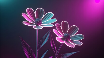 Fototapeta premium Glowing Neon Flowers with Pink and Teal Lighting.