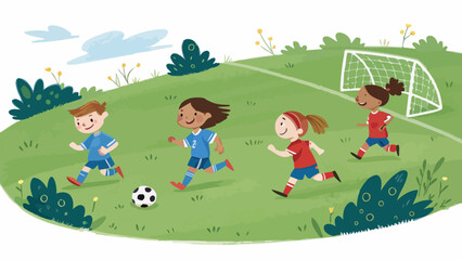 Obraz premium Children playing soccer on a green grass field with goal vector illustration