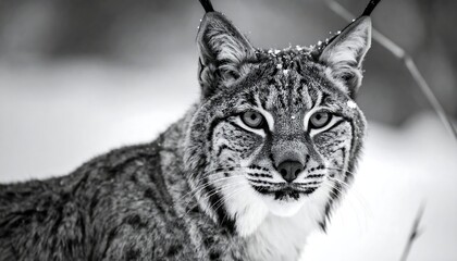 Fototapeta premium Lynx in snow Black and white close-up portrait featuring a wild cat with pointed ears looking directly at the viewer
