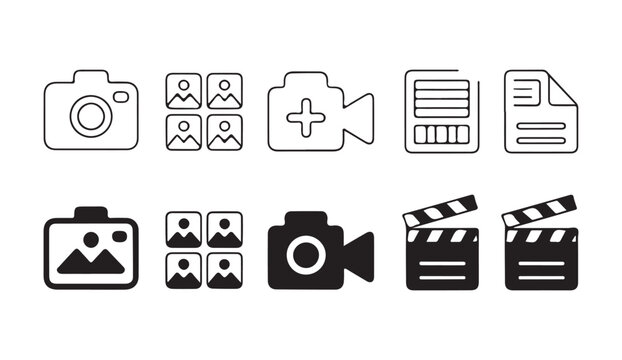 Camera and media vector icon set. outline and filled solid style. photo and video related icons.