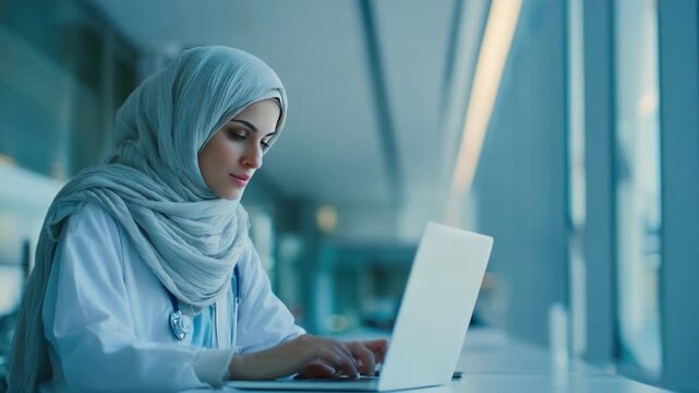 Doctor's Digital Focus: A dedicated medical professional, draped in a hijab and stethoscope, intensely uses a laptop in a modern clinic environment, embodying expertise and care.
