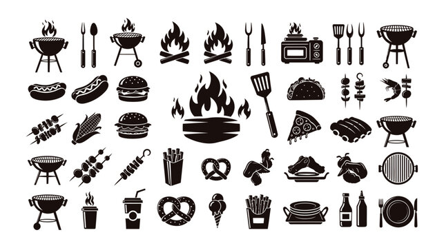 Barbecue and grilling food icons set for restaurant menu vector graphics