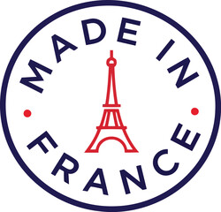 Made in France circular stamp icon featuring Eiffel Tower silhouette for authentic French product branding