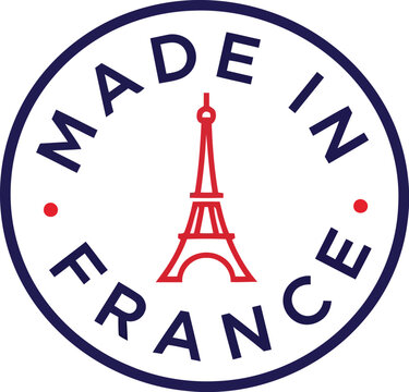 Made in France circular stamp icon featuring Eiffel Tower silhouette for authentic French product branding